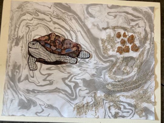 A hand painted artwork and collage. The background is a watercolor-spill looking design that is white and grey. On the left is a collaged turtle, with the body made out of cut out black and white text, and the shell is made of photos of people’s faces. The arms appear to have black dots on top of the text. On the right is sand spread across half of the page, with eggshell bits glued on in circles, presumably to represent eggs.