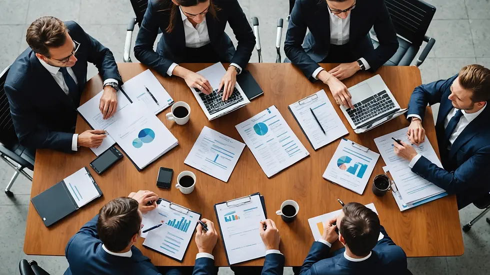 High-angle view of a business meeting discussing accounts receivable