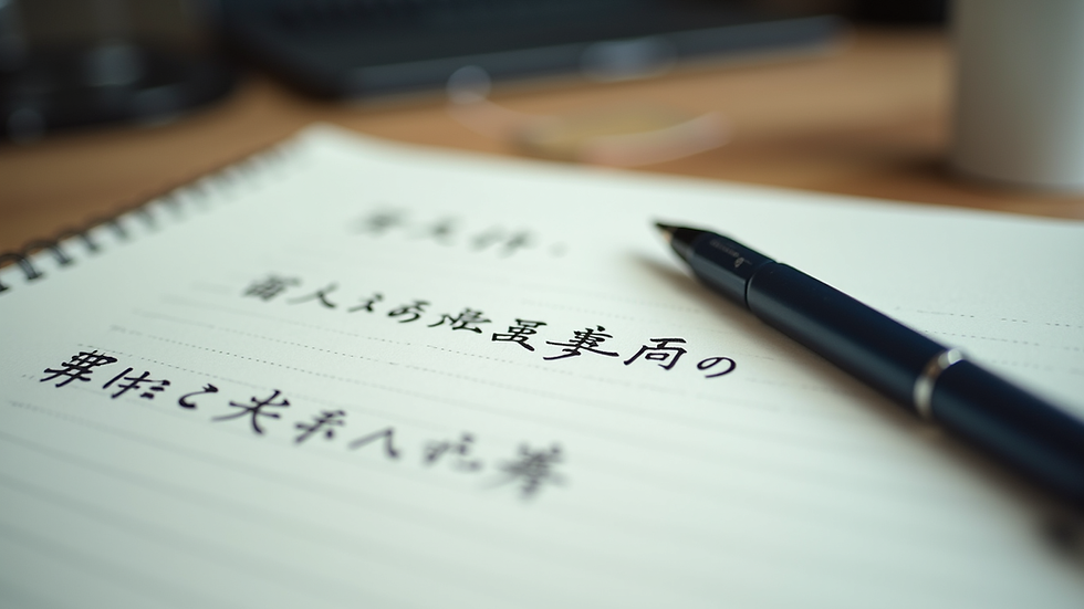 Close-up view of a notebook with Japanese characters and a pen