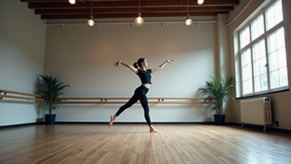 Eye-level view of a dance studio with a single dancer practicing moves