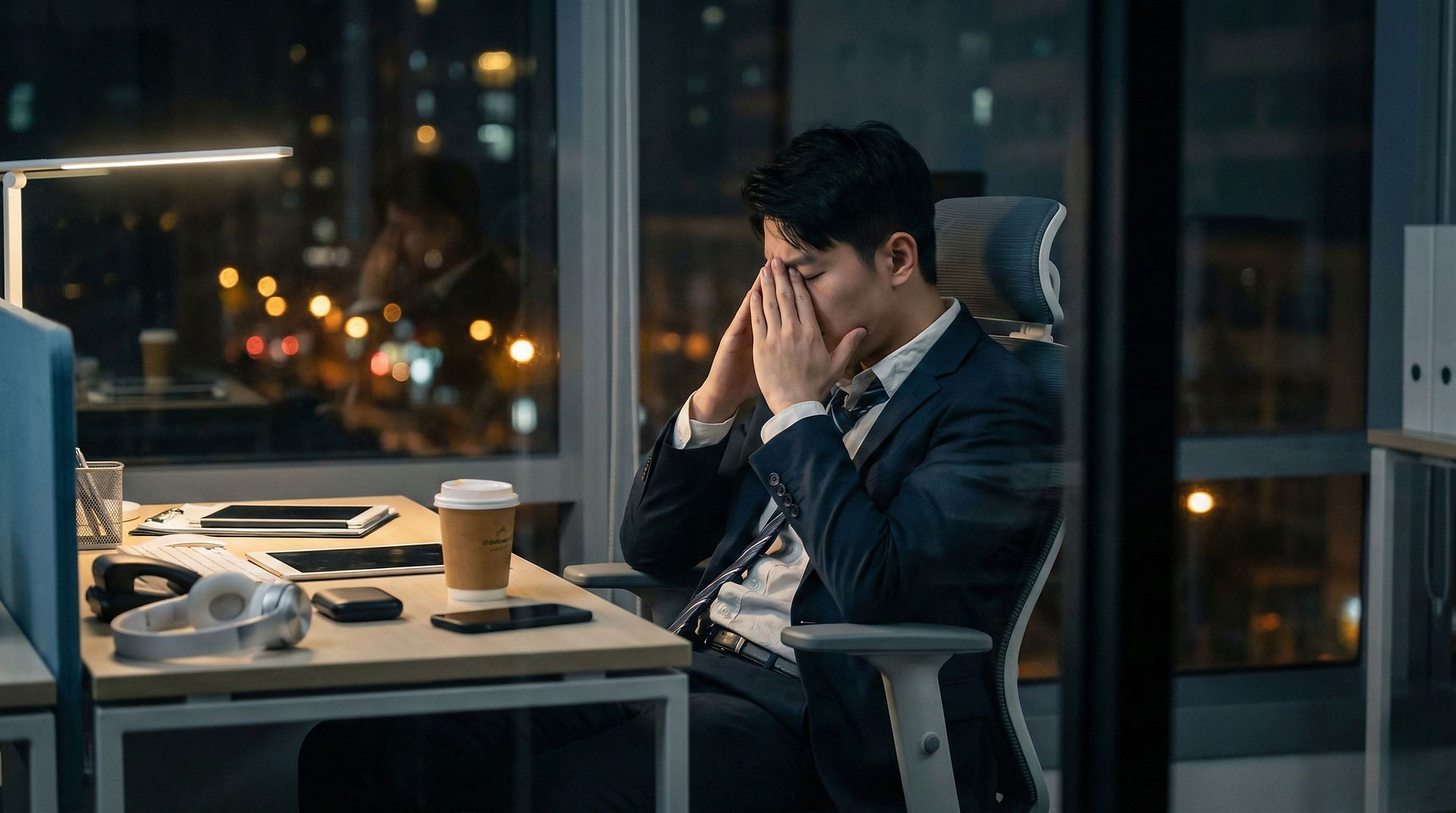 Business executive sitting and reflecting after a demanding day at work