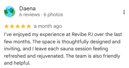 Five-star Google review from a customer after an infrared sauna session at Revibe.