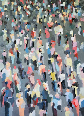 Peak Hour (2024), oil on canvas, 80x60 cm / 31.5x23.6 in, from the Lost City series exploring the feeling of a lost future made present, reflecting the tension between past expectations and current reality. Artwork by Anna Doronina. Contemporary Art.