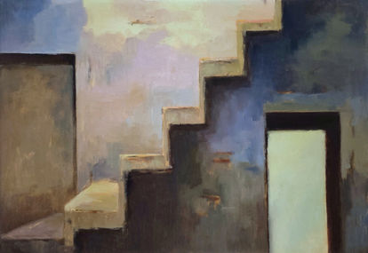 Research (2024), oil on canvas, 100x70 cm / 27.6x39.4 in, from the Lost City series, exploring the feeling of a lost future made present, reflecting the tension between past expectations and current reality. Artwork by Anna Doronina. Contemporary Art.