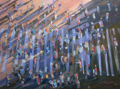 Peak Hour II (2025), oil on canvas, 60x80 cm / 23.6x31.5 in, from the Lost City series exploring the feeling of a lost future made present, reflecting the tension between past expectations and current reality. Artwork by Anna Doronina. Contemporary Art.