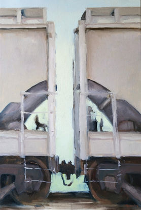 Between (2024), oil on canvas, 70x50 cm / 27.6x19.7 in, from the Lost City series, exploring the feeling of a lost future made present, reflecting the tension between past expectations and current reality. Artwork by Anna Doronina. Contemporary Art.