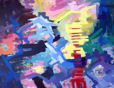 A Spring Hike (2025), acrylic on canvas, 70x90 cm / 27.6x35.4 in, from the Seeking Connection series, abstract paintings exploring the human desire for genuine closeness, the emotions and fears arising in intimate situations, and the tension between expressing or concealing the need for connection. Artwork by Anna Doronina. Contemporary Art.