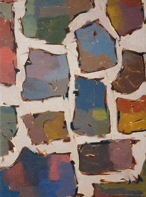 "Winter Activities" (2024) by Anna Doronina, oil on canvas, 70×50 cm (27.6×19.7 in), a contemporary abstract painting in bright and earthy colors, suggesting fragments of memories, thoughts, urban geography, or simply mood, executed with a distinctive technical approach that highlights vibrant, expressive abstraction. Contemporary Art.