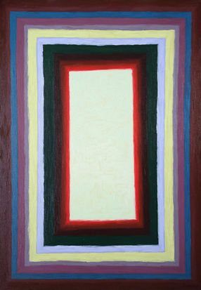 Portal VIII (2025), oil on canvas, 100x70 cm / 39.4x27.6 in, Abstract geometric painting in the style of symbolic abstraction and abstract symbolism. The composition suggests a luminous portal or threshold—glowing shapes and layered colors creating the impression of crossing into another world. Radiant warm tones contrast with deep cool hues, evoking movement between states such as wakefulness and dreams, reality and imagination, or past and future. The artwork explores transformation, transition, and the tension of stepping toward the light. Artwork by Anna Doronina. Contemporary Art.