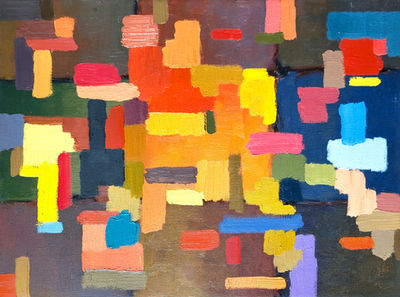 Hotel Lobby (2024), oil on canvas, 40x50 cm / 15.7x19.7 in, from the Entropy series exploring the natural decay of closed systems and the dissolution of thoughts and perceptions, reflecting the process of inner entropy and transformation. Artwork by Anna Doronina. Contemporary Art.