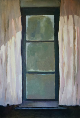 Comfort Zone (2024), oil on canvas, 100x70 cm / 34.4x27.6 in, from the Lost City series, exploring the feeling of a lost future made present, reflecting the tension between past expectations and current reality. Artwork by Anna Doronina. Contemporary Art.