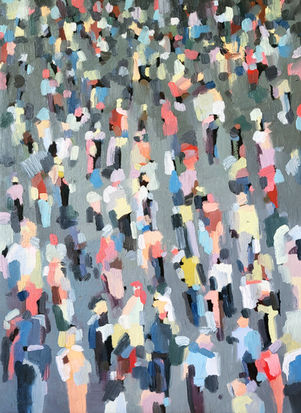 Peak Hour (2024), oil on canvas, 80x60 cm / 31.5x23.6 in, from the Lost City series, exploring the feeling of a lost future made present, reflecting the tension between past expectations and current reality. Artwork by Anna Doronina. Contemporary Art.