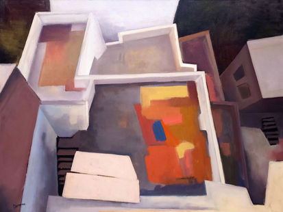 Labyrinths (2024), oil on canvas, 60x80 cm / 23.6x31.5 in, from the Lost City series, exploring the feeling of a lost future made present, reflecting the tension between past expectations and current reality. Artwork by Anna Doronina. Contemporary Art.