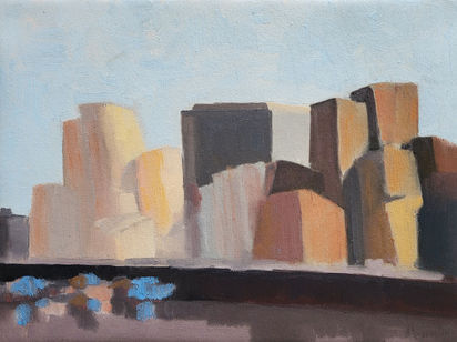 Dream (2024), oil on canvas, 30x40 cm / 11.8x15.7 in, from the Lost City series, exploring the feeling of a lost future made present, reflecting the tension between past expectations and current reality. Artwork by Anna Doronina. Contemporary Art.