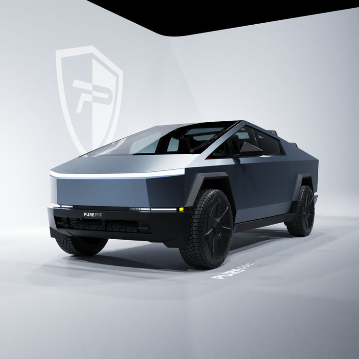 Front view of a Tesla Cybertruck wrapped in PurePPF Satin Bullet, displaying a sleek grey color with strong blue undertones and a satin finish.