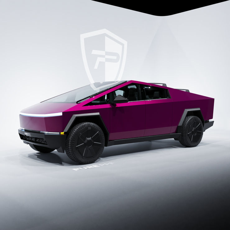 Side view of a Tesla Cybertruck wrapped in PurePPF Metallic Magenta, highlighting the bold and glamorous look of the vibrant magenta finish with a metallic sheen.