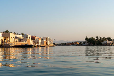 The Hill, El Gouna, Red Sea, Egypt. Italian architecture overlooking lagoon by sunset.