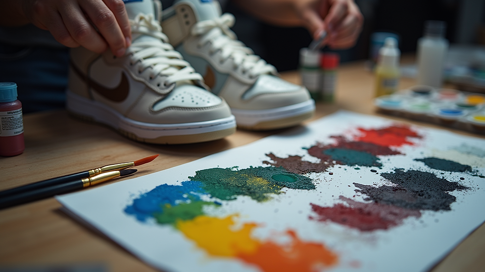 Close-up view of a sneaker customization kit with paints and brushes