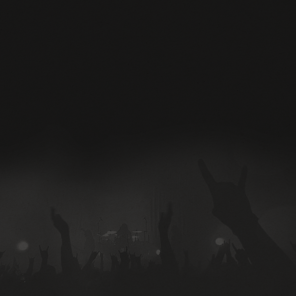 Silhouetted concert crowd with raised hands, rock gesture
