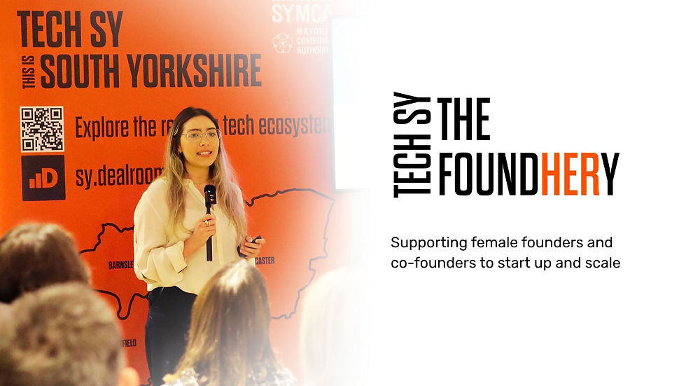 Female founder pitching with FoundHERy logo next to photo