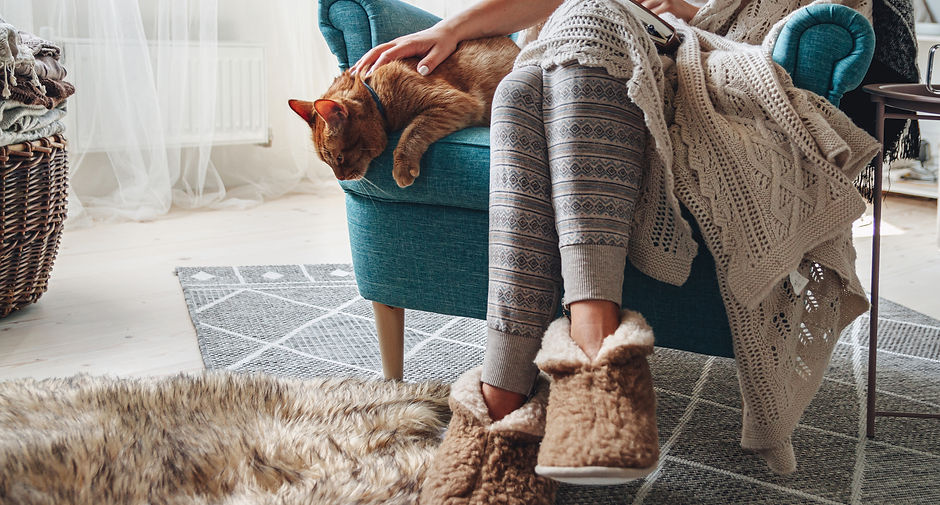 Young woman sitting in a cozy armchair, with a warm blanket, together with a domestic cat.