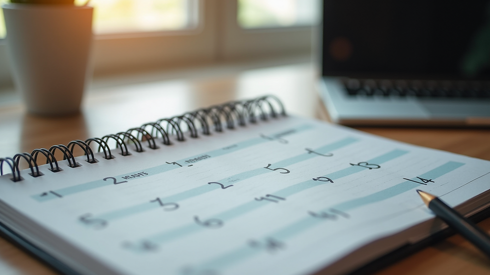 Close-up view of a well-organized workspace with a laptop and planner