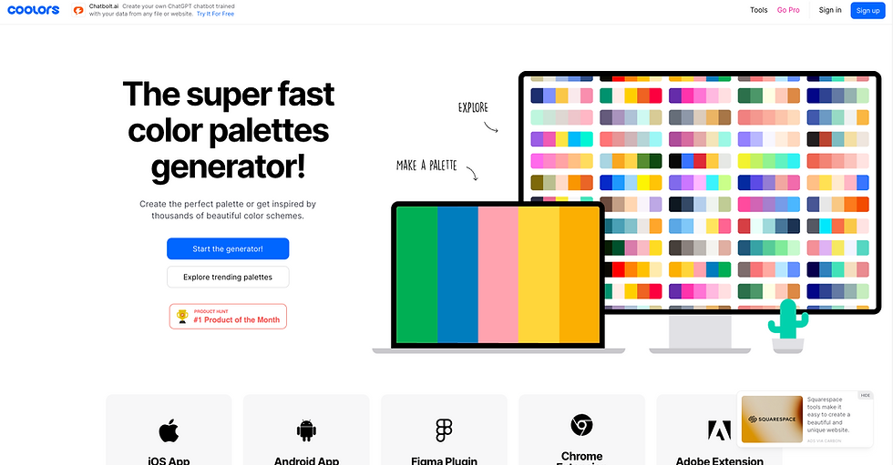 Screenshot of the Coolors website interface, showing the color palette generator tool in action