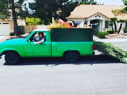 Older bright green truck loaded with palm debris and tools with exuberant driver