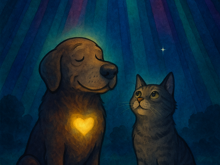 Watercolor illustration of a senior dog and cat sitting together under deep purple, blue, and green aurora lights, symbolizing aging pets and brain health.