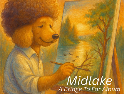Midlake A Bridge to Far Album Illustrated Dog with afro and canvas lake scene image_edited