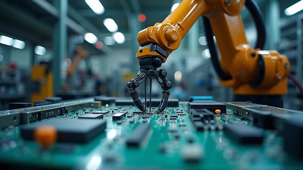 Eye-level view of a robotic arm assembling electronic components