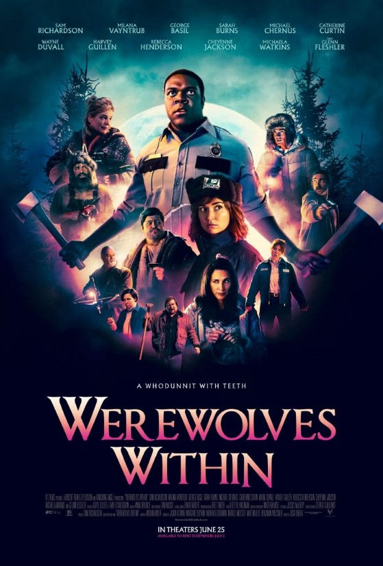 Movie poster for Werewolves Within with a tense cast collage in a moonlit forest and the tagline A whodunnit with teeth.