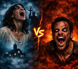 Two screaming faces split by lightning with glowing VS; left in blue fog by a church, right in red flames with a shadowy cross.