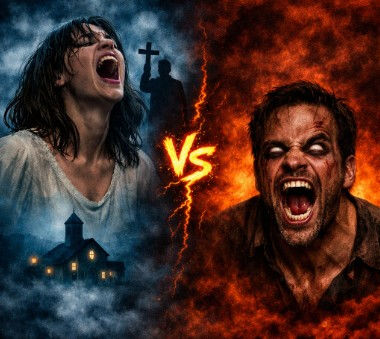 Blog article cover photo: Two screaming faces split by lightning with glowing VS; left in blue fog by a church, right in red flames with a shadowy cross.