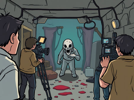Behind the scenes of a horror tv series production set in a cartoon style