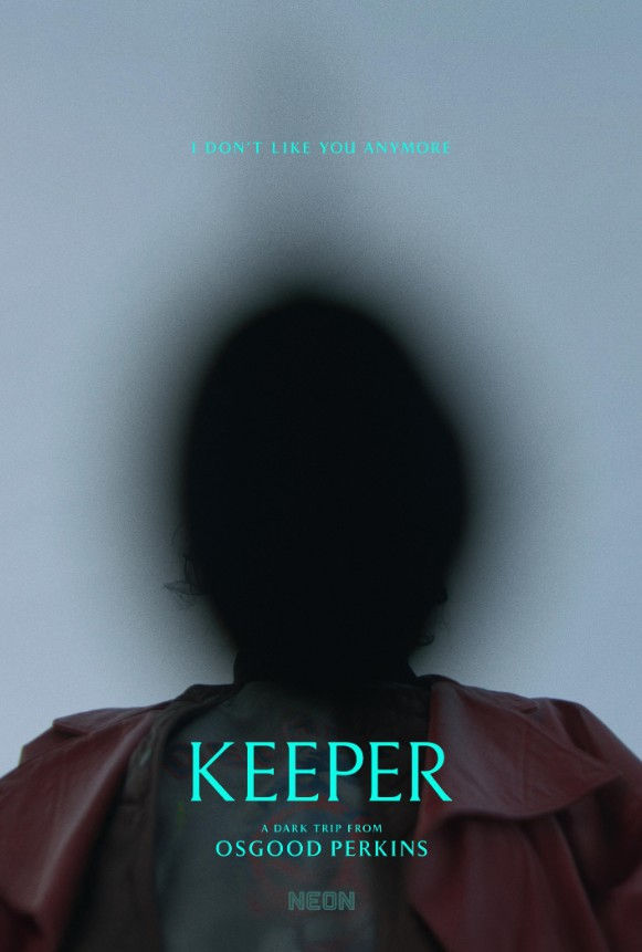Silhouette of a person in a red coat, text reads "I don't like you anymore" and "KEEPER." Moody atmosphere, gray background.