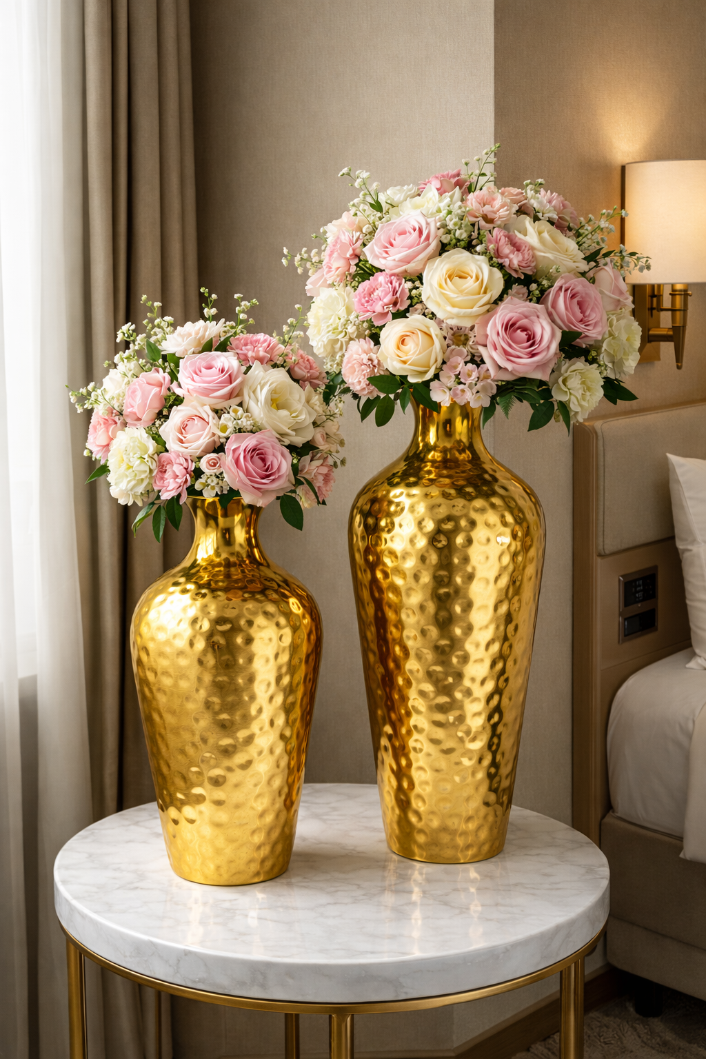 Tall Hammered Gold Aluminium Floor Vases – Set of 2