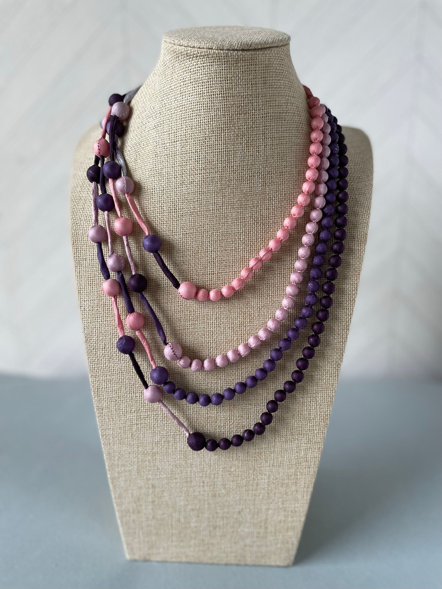 Multi-Strand Cambodian Silk Bead Necklace in Coral Tree