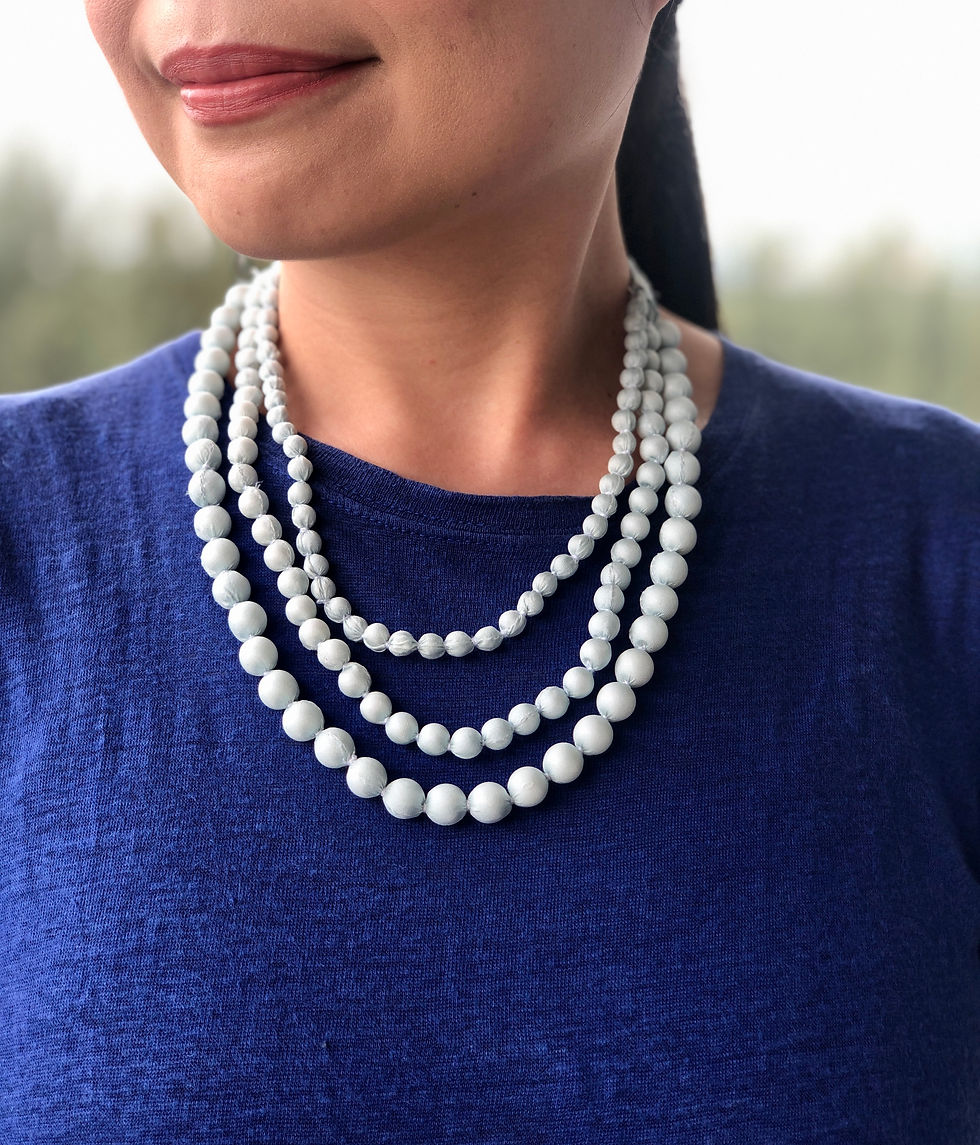 Thumbnail: 3 string Cambodian Soft Silk Bead Necklace in Winter Blue