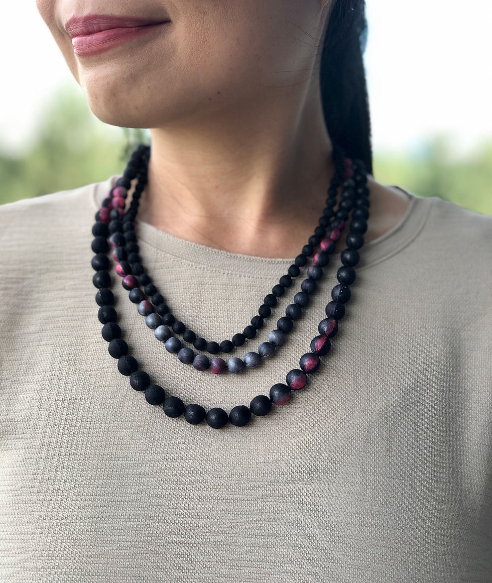 Thumbnail: 3 string Cambodian Soft Silk Bead Necklace in Baltic Sea & Tawny Port