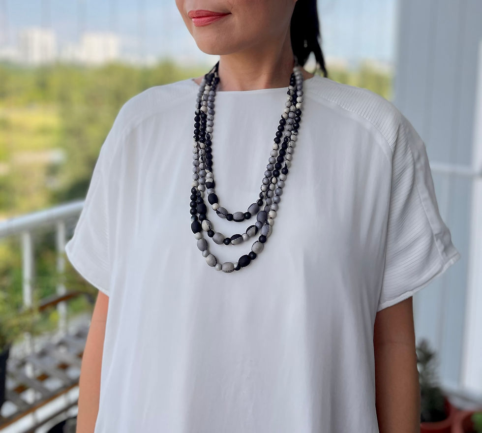 Thumbnail: 3 string Cambodian Silk Bead Necklace in Monochrome