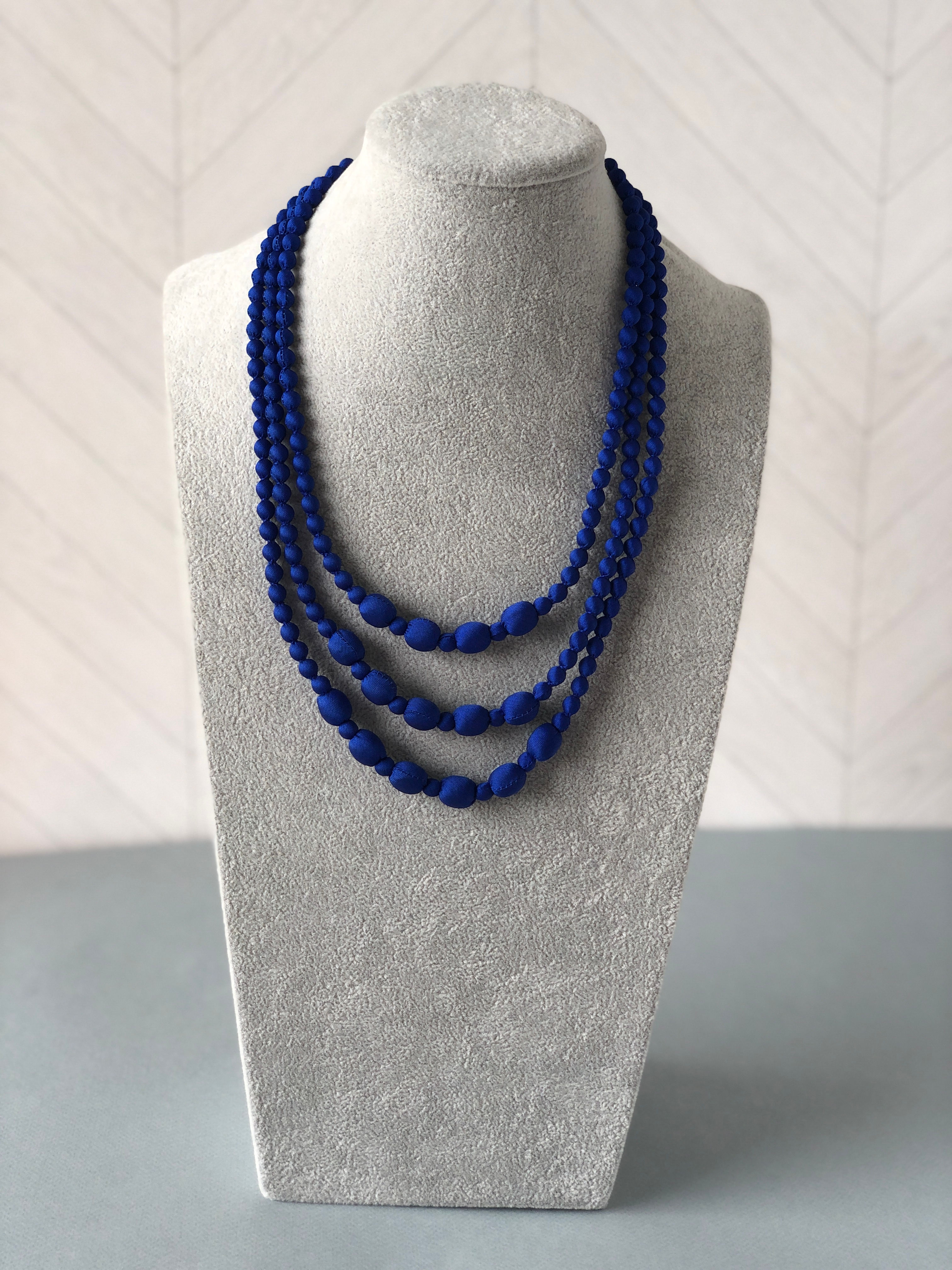 3 string Cambodian Silk Bead Necklace in Deep Sapphire Blue
