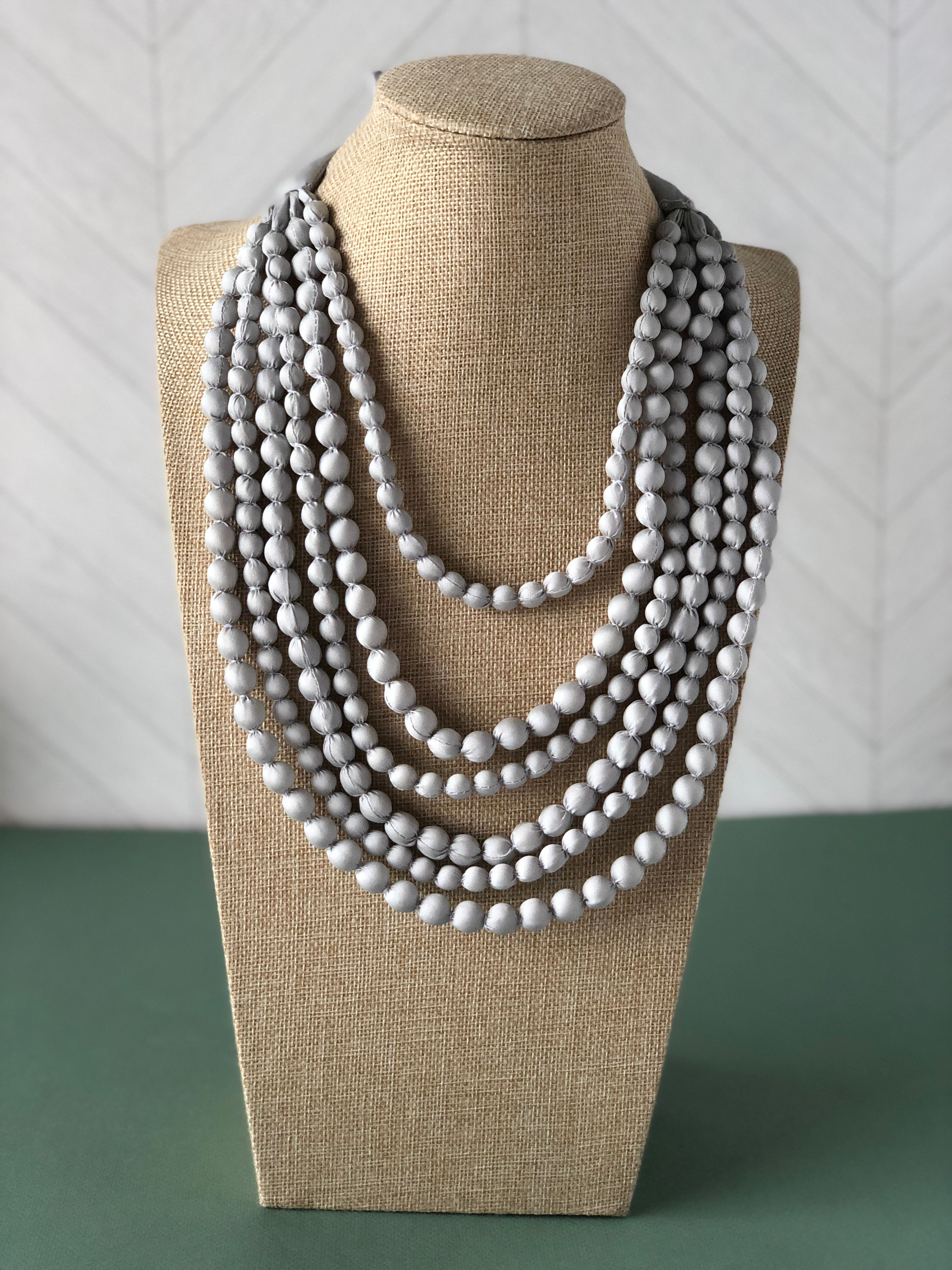 Multi-Strand Cambodian Silk Bead Necklace in Vanilla Grey