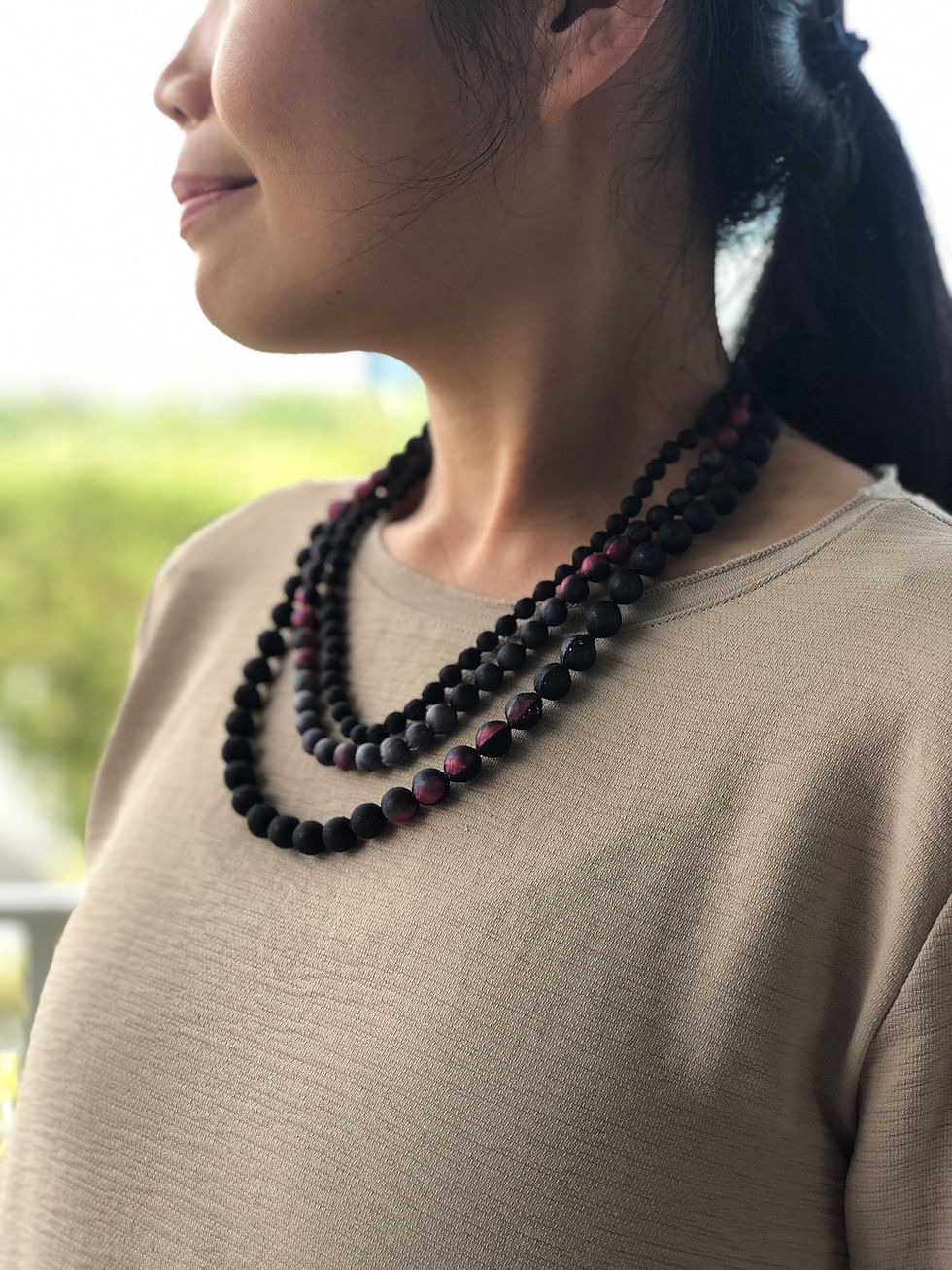 Thumbnail: 3 string Cambodian Soft Silk Bead Necklace in Baltic Sea & Tawny Port