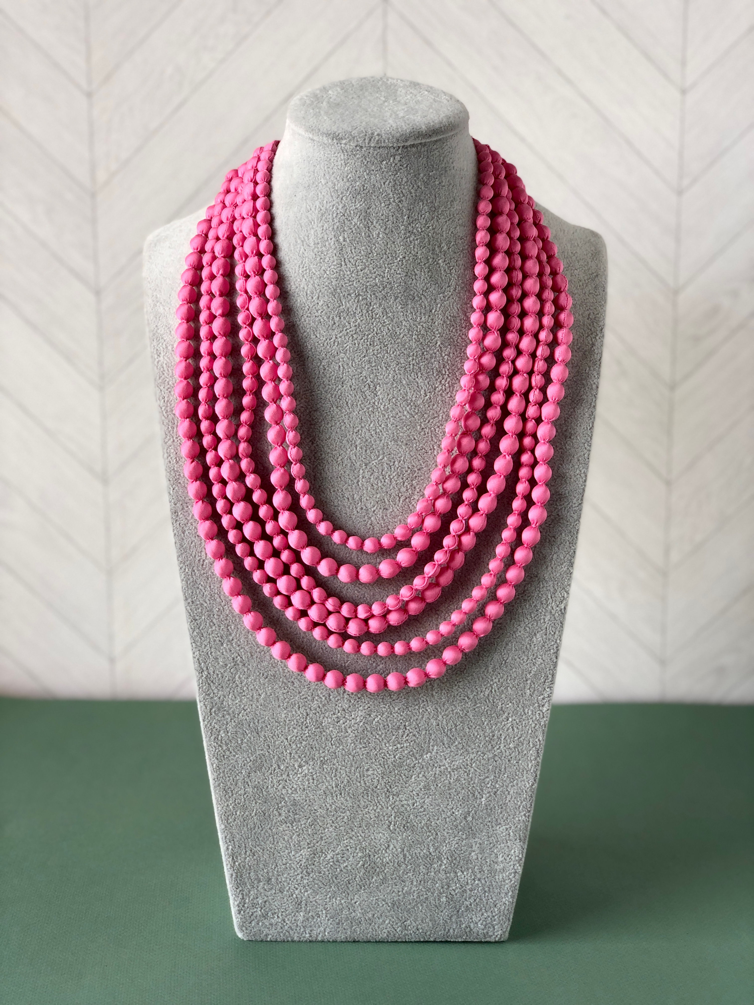 Multi-Strand Cambodian Silk Bead Necklace in Pink Starburst