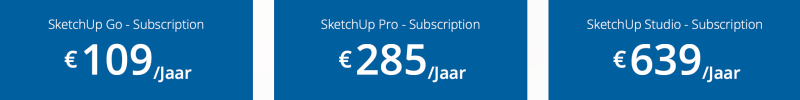 Actuele prijzen van SketchUp Go, SketchUp Pro en SketchUp Studio op een rij