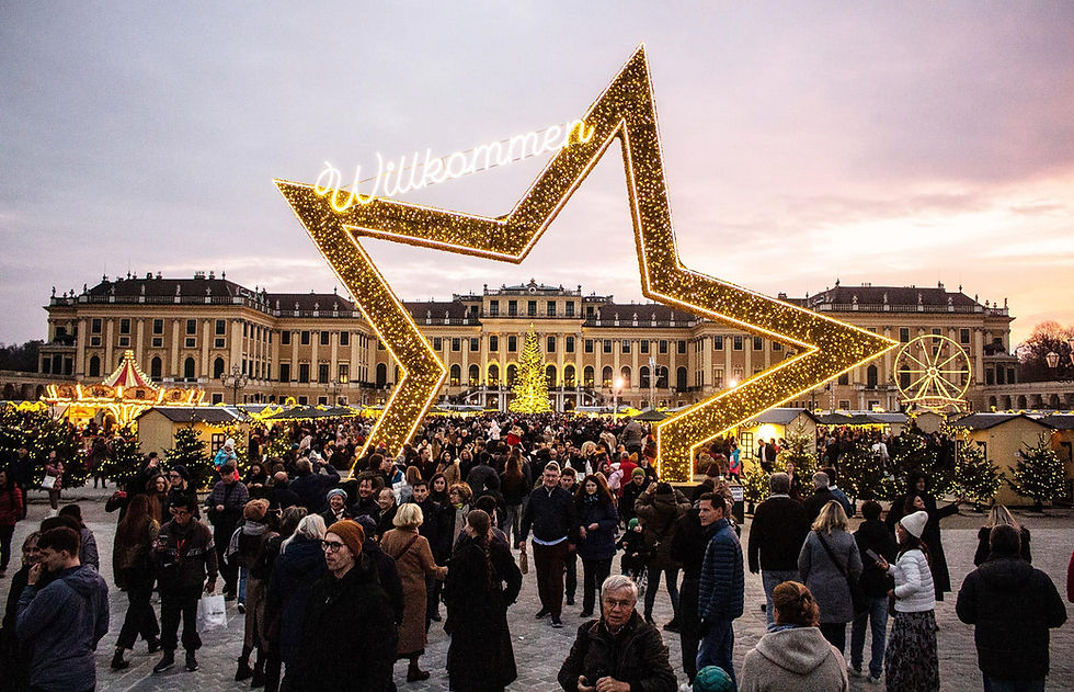 Besucher vor dem beleuchteten Weihnachtsstern am Schloss Schönbrunn