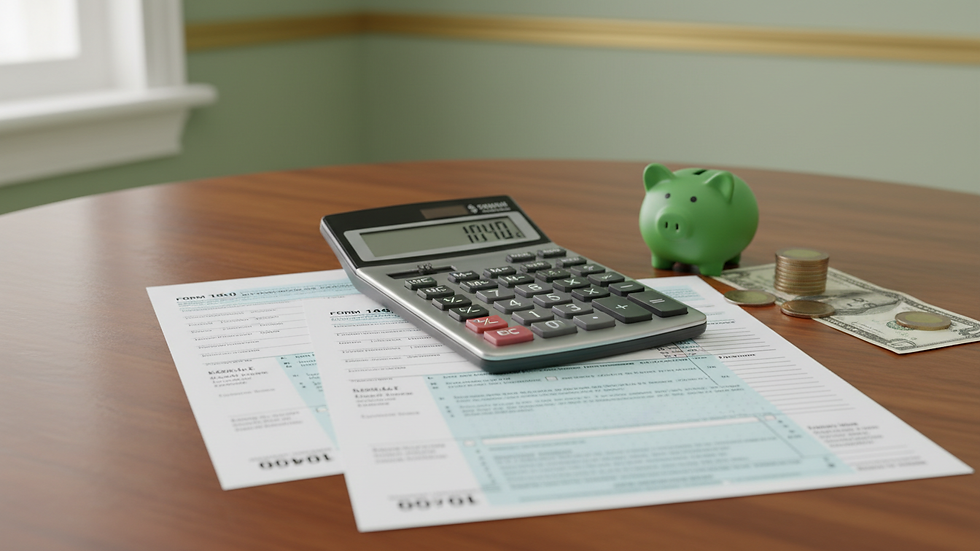 Close-up view of a calculator and tax forms on a wooden table