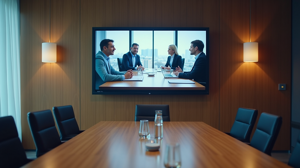 High angle view of a conference room with a digital screen showing a team meeting