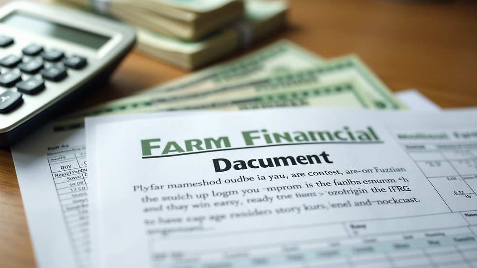 Close-up view of farm financial documents and calculator on a wooden table